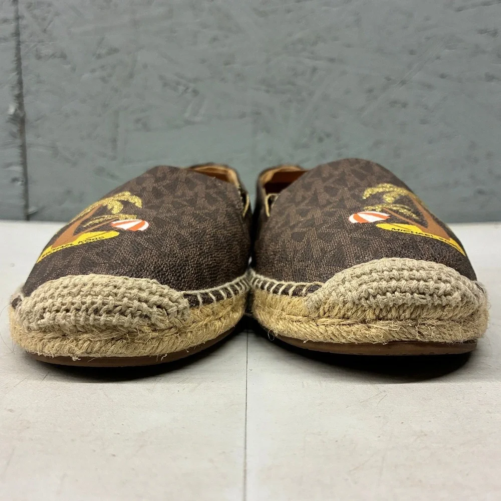 Michael Kors Espadrilles Women's 8.5M Brown Monogram Palm Tree Slip On Beach